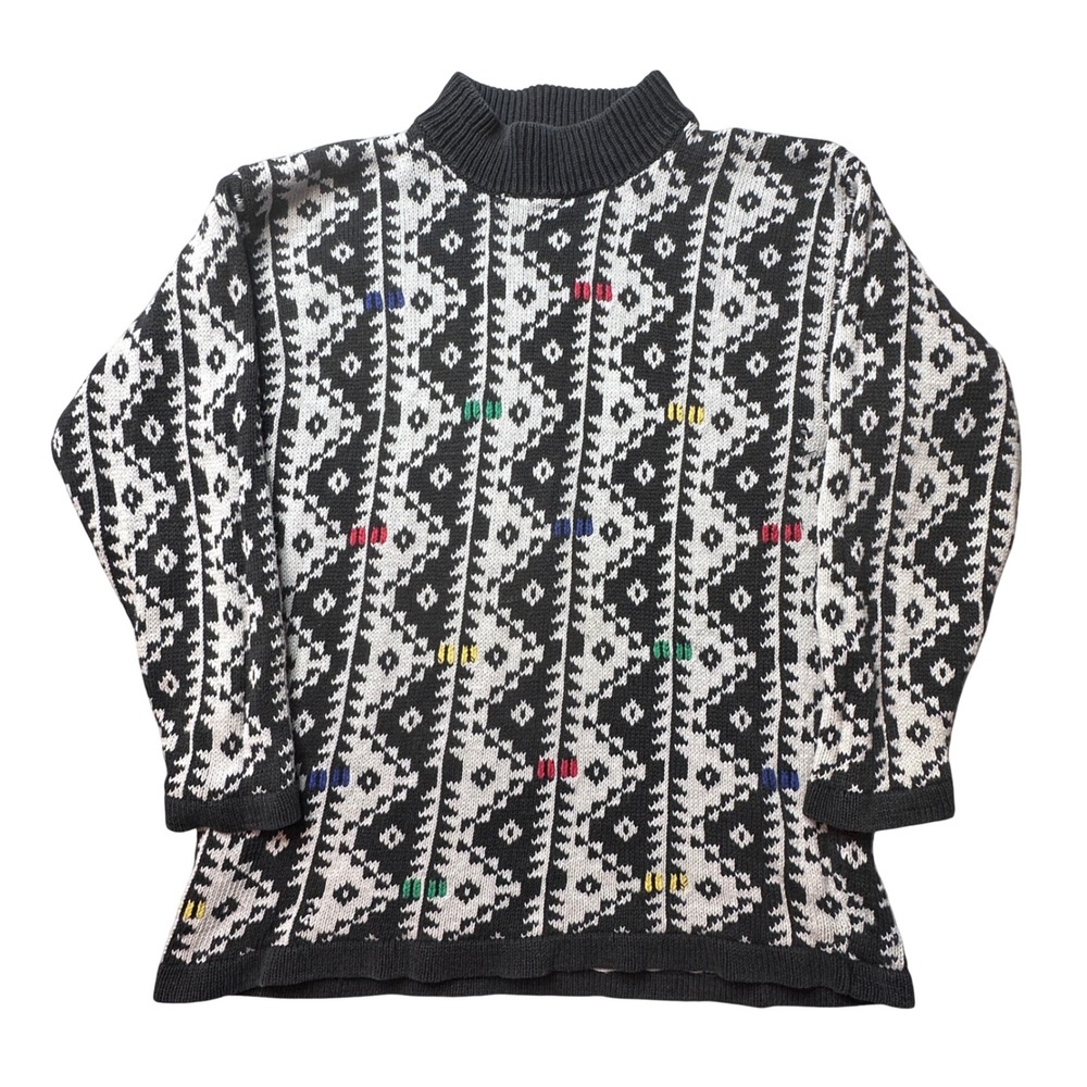 Vintage Silvercord Sweater Women PS Black White Geometric Mock Neck Ramie Knit‎